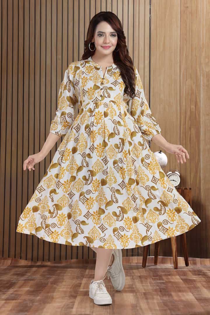 MomsBae Mustard Floral Linen Maternity Feeding Dress, front view