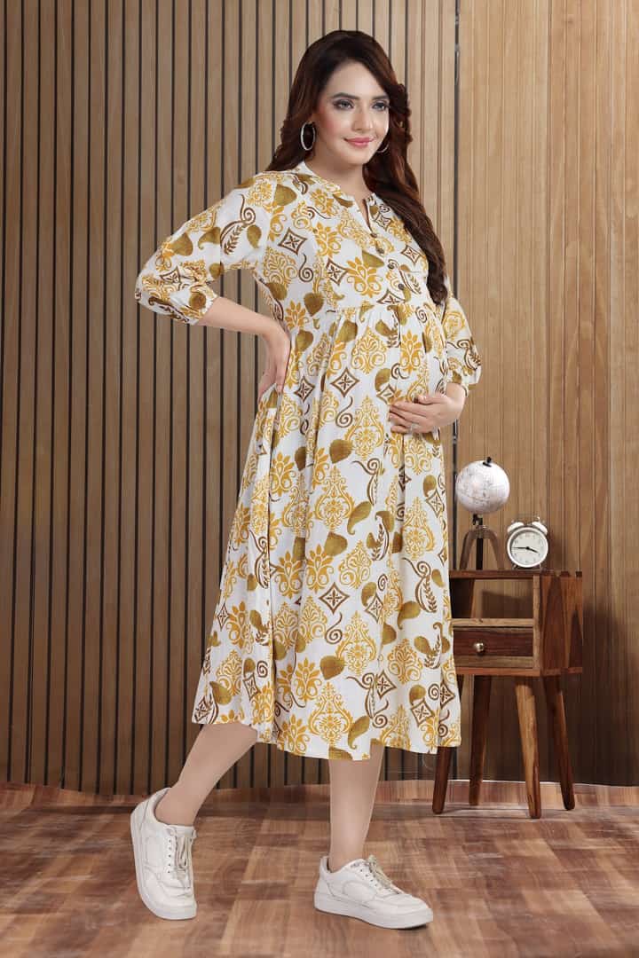 MomsBae Mustard Floral Linen Maternity Feeding Dress, alternate front view