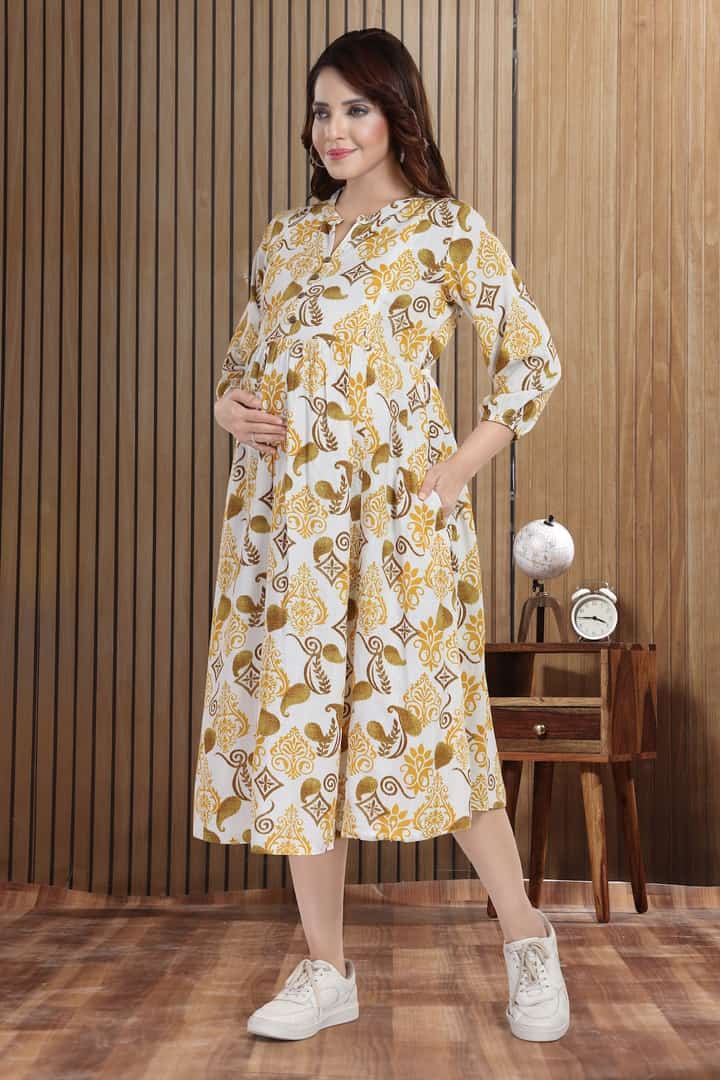 MomsBae Mustard Floral Linen Maternity Feeding Dress, alternate front view