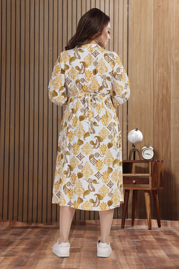 MomsBae Mustard Floral Linen Maternity Feeding Dress, back view