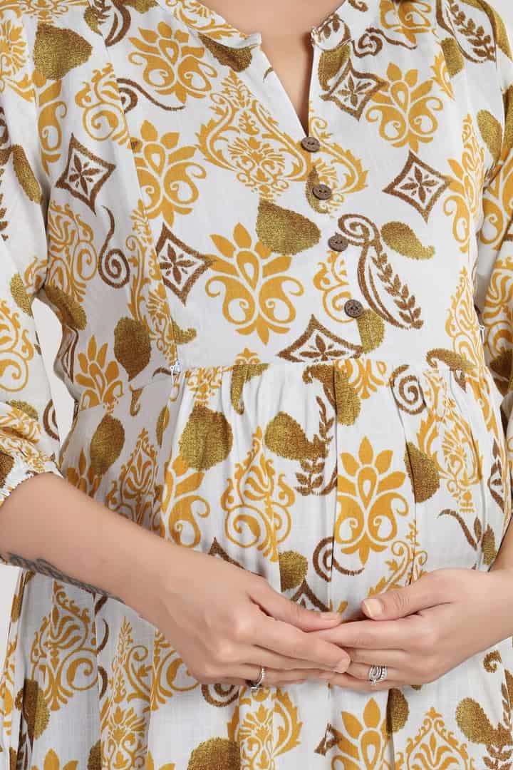 MomsBae Mustard Floral Linen Maternity Feeding Dress, neckline and print detail