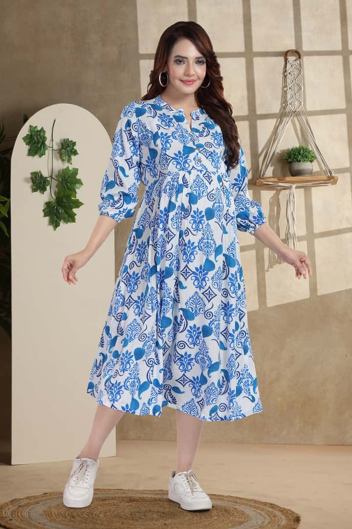 MomsBae Cobalt Floral Linen Maternity Feeding Dress, front view