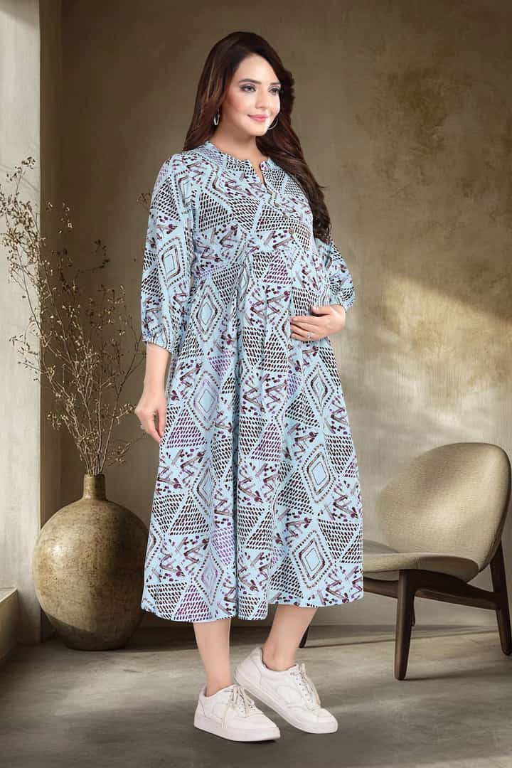 MomsBae Slate Geometric Linen Maternity Feeding Dress, alternate front view
