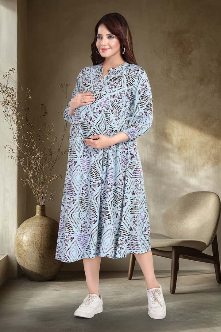 MomsBae Slate Geometric Linen Maternity Feeding Dress, alternate front view