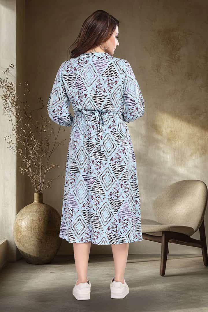 MomsBae Slate Geometric Linen Maternity Feeding Dress, back view