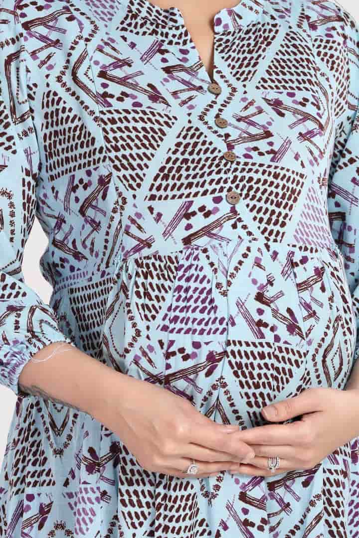 MomsBae Slate Geometric Linen Maternity Feeding Dress, neckline and print detail