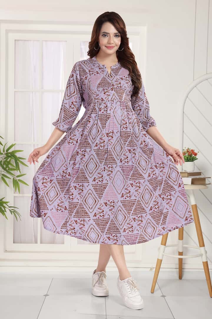 MomsBae Dusty Rose Geometric Linen Feeding Dress, front view