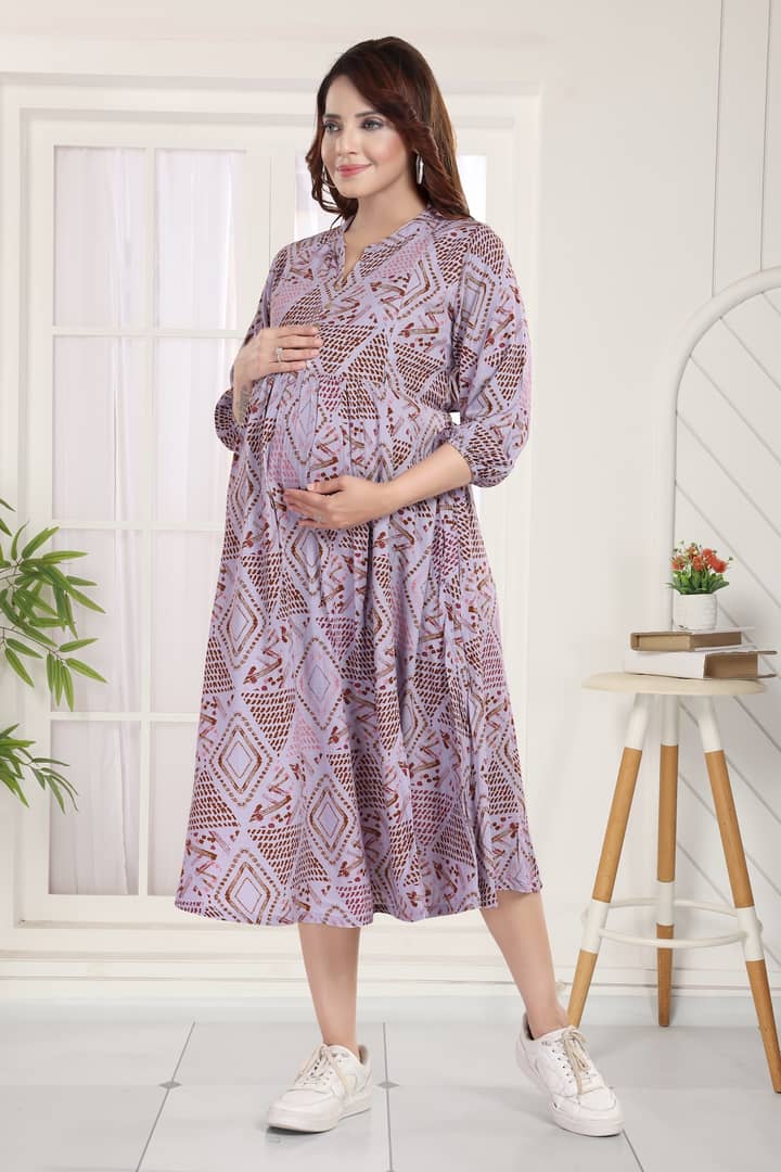 MomsBae Dusty Rose Geometric Linen Feeding Dress, alternate front view