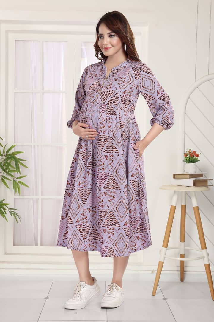 MomsBae Dusty Rose Geometric Linen Feeding Dress, alternate front view
