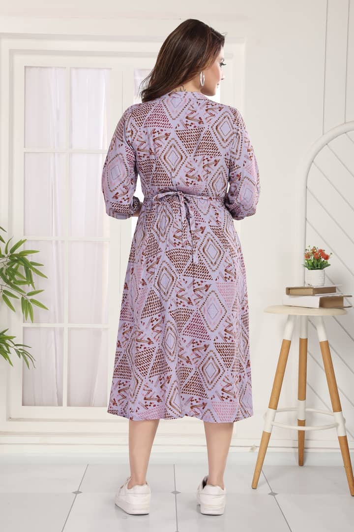 MomsBae Dusty Rose Geometric Linen Feeding Dress, back view
