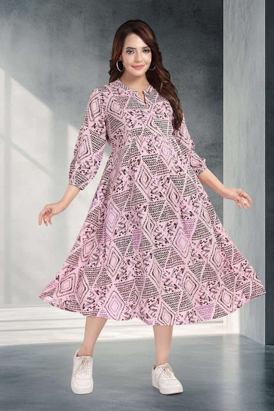 MomsBae Blush Pink Geometric Linen Feeding Dress, front view