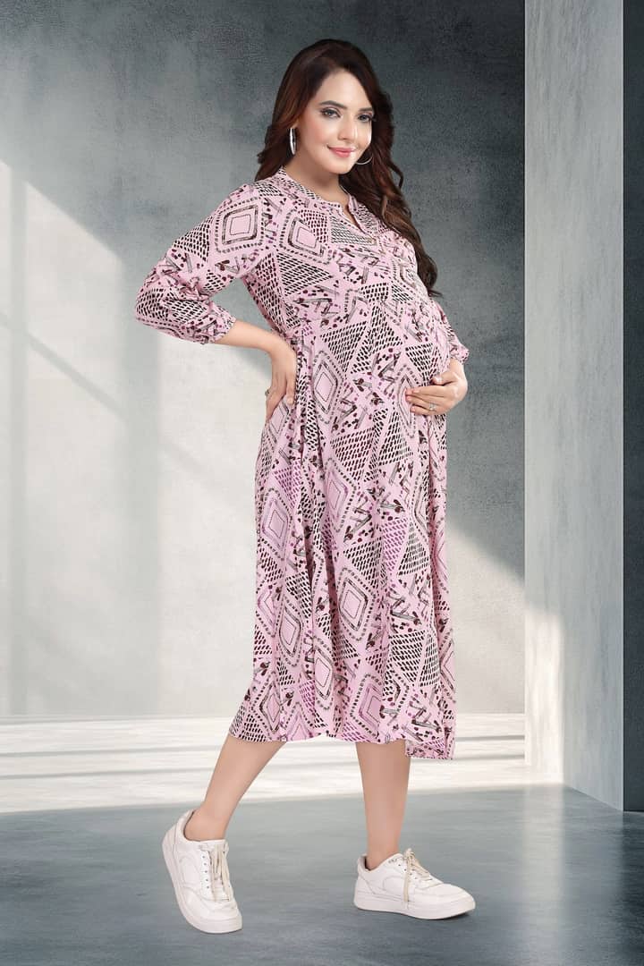MomsBae Blush Pink Geometric Linen Feeding Dress, alternate front view
