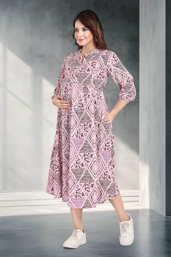 MomsBae Blush Pink Geometric Linen Feeding Dress, alternate front view