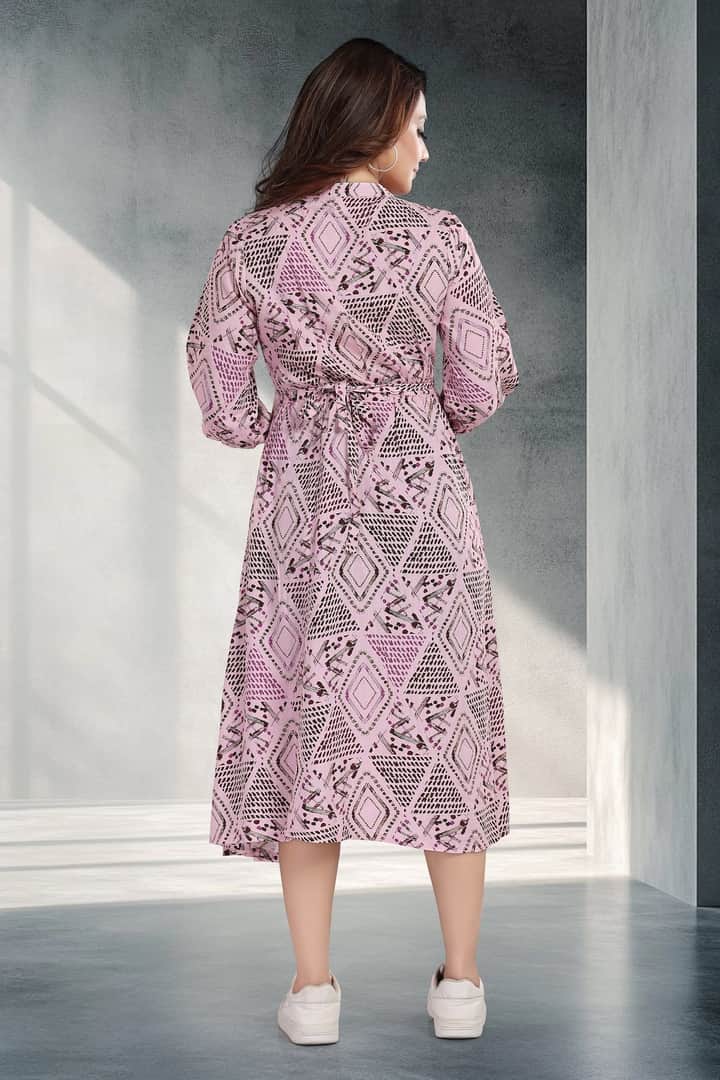 MomsBae Blush Pink Geometric Linen Feeding Dress, back view