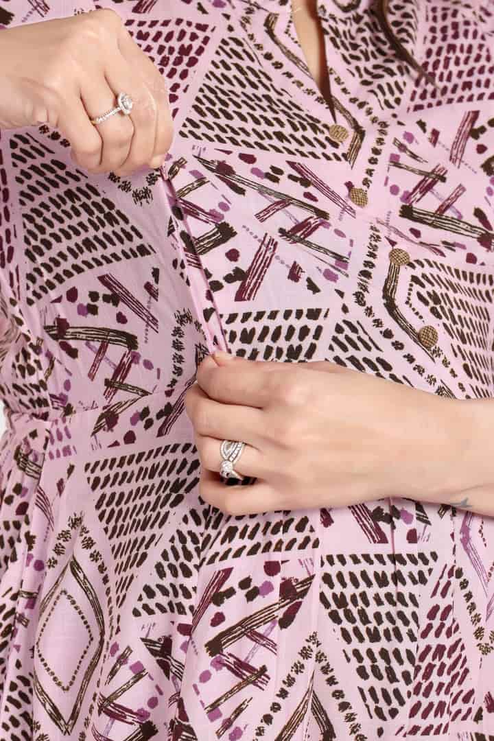 MomsBae Blush Pink Geometric Linen Feeding Dress, nursing opening detail