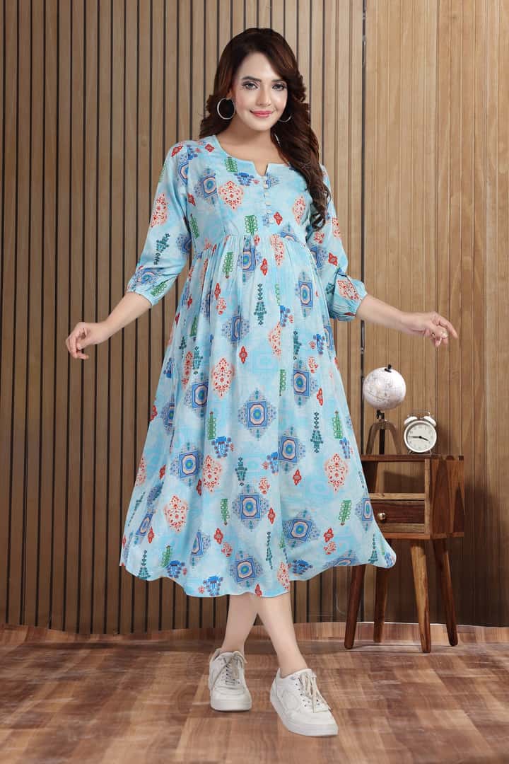 MomsBae Sky Blue Motif Linen Feeding Dress, front view