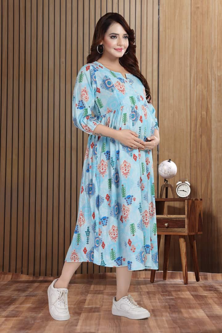 MomsBae Sky Blue Motif Linen Feeding Dress, alternate front view