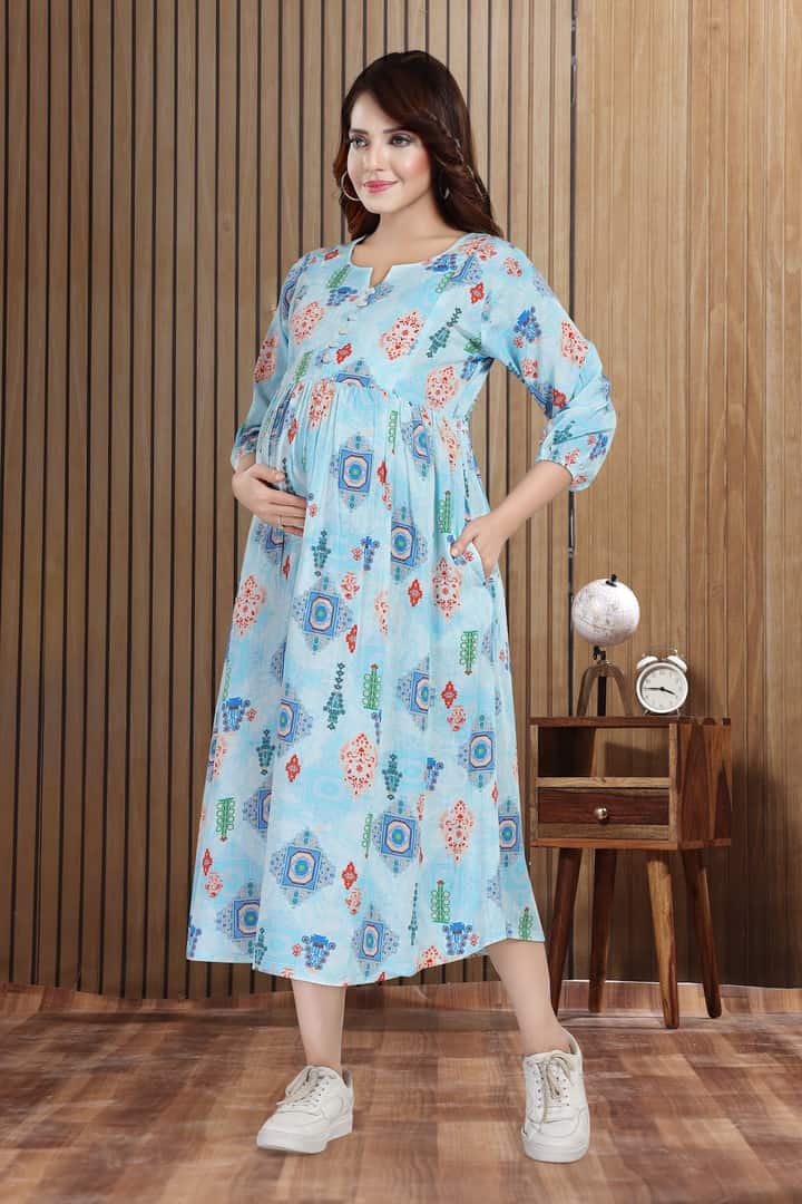 MomsBae Sky Blue Motif Linen Feeding Dress, alternate front view