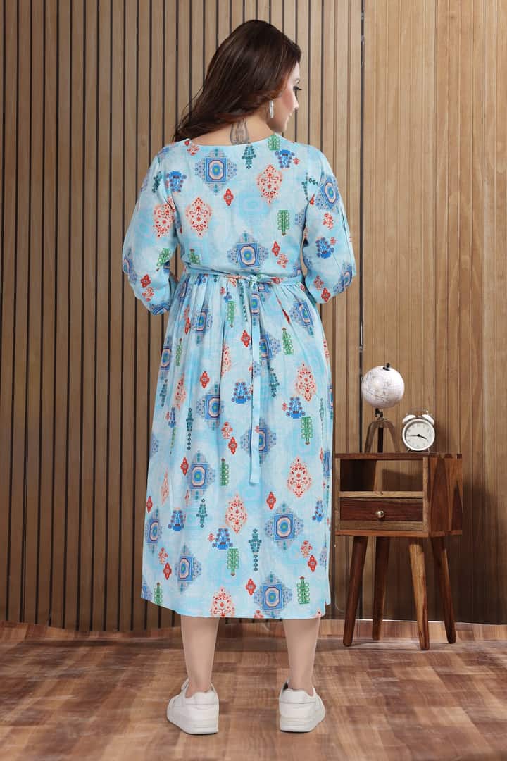 MomsBae Sky Blue Motif Linen Feeding Dress, back view