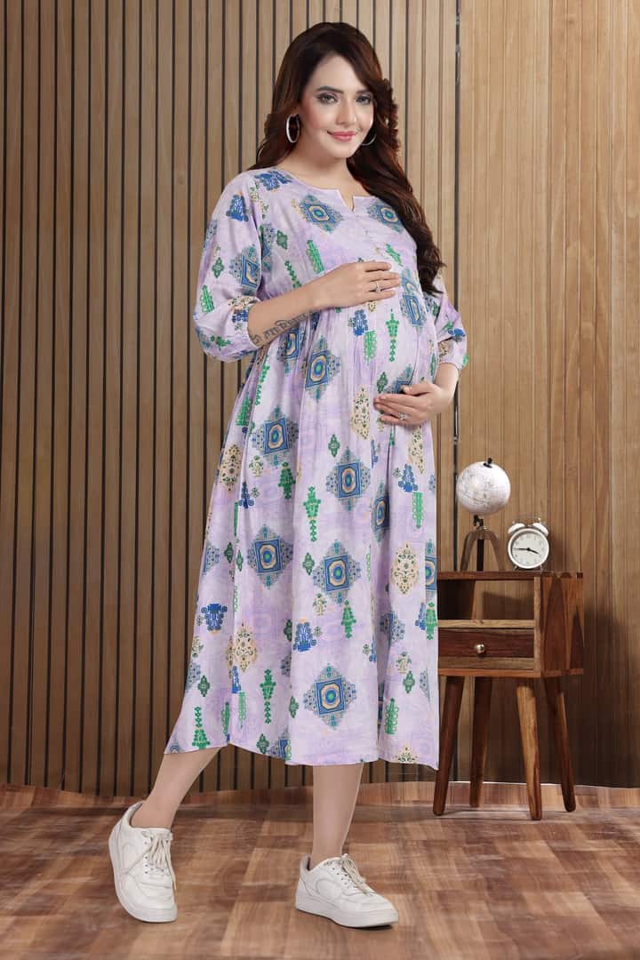 MomsBae Lilac Ikat Linen Maternity Feeding Dress, front view