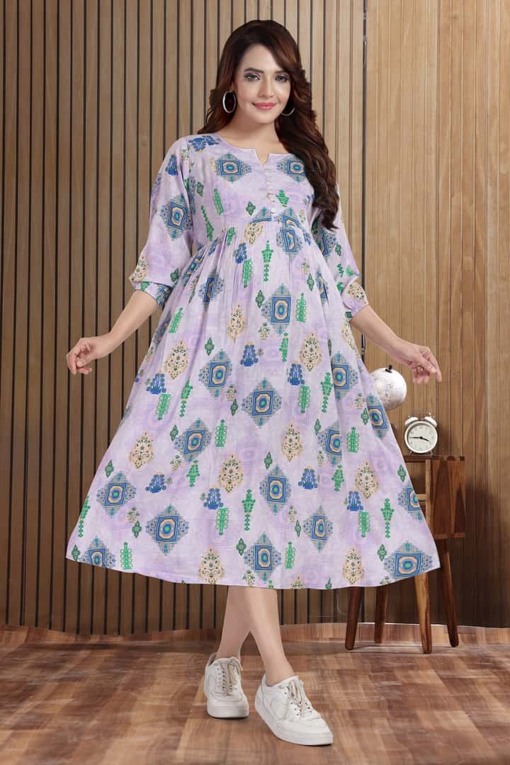 MomsBae Lilac Ikat Linen Maternity Feeding Dress, alternate front view