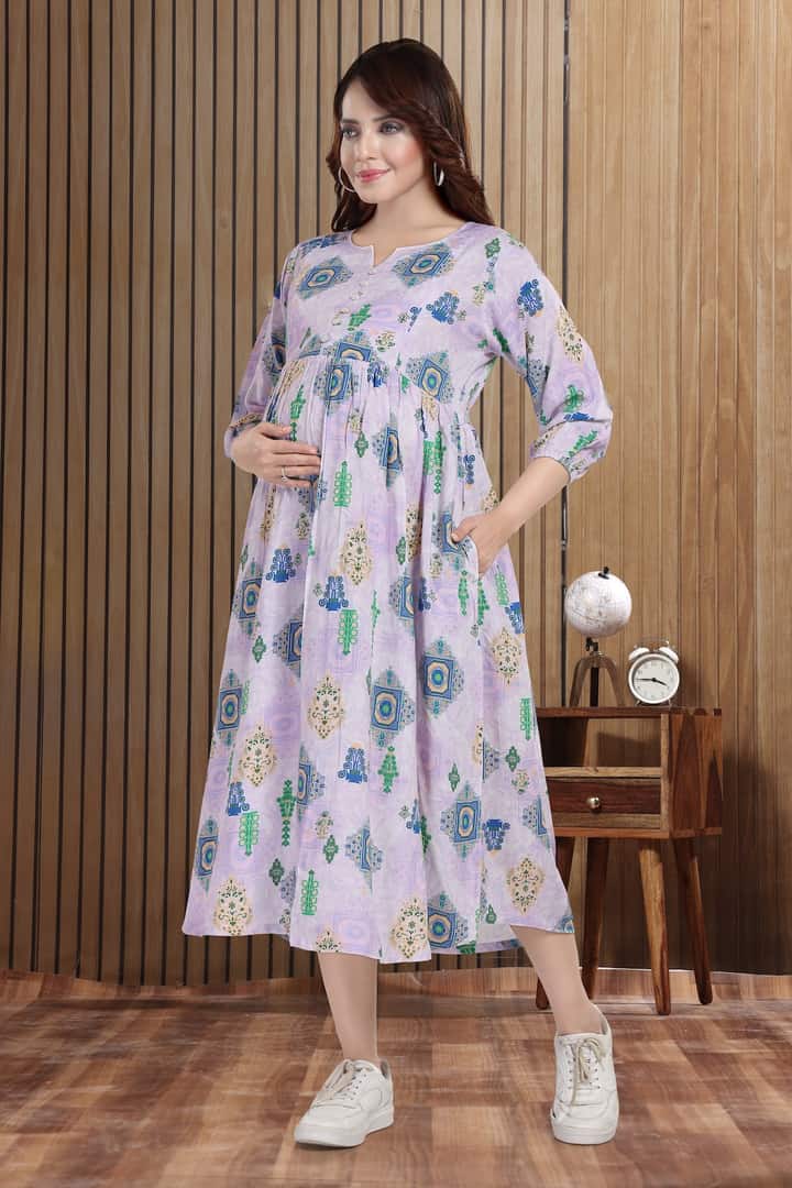 MomsBae Lilac Ikat Linen Maternity Feeding Dress, alternate front view