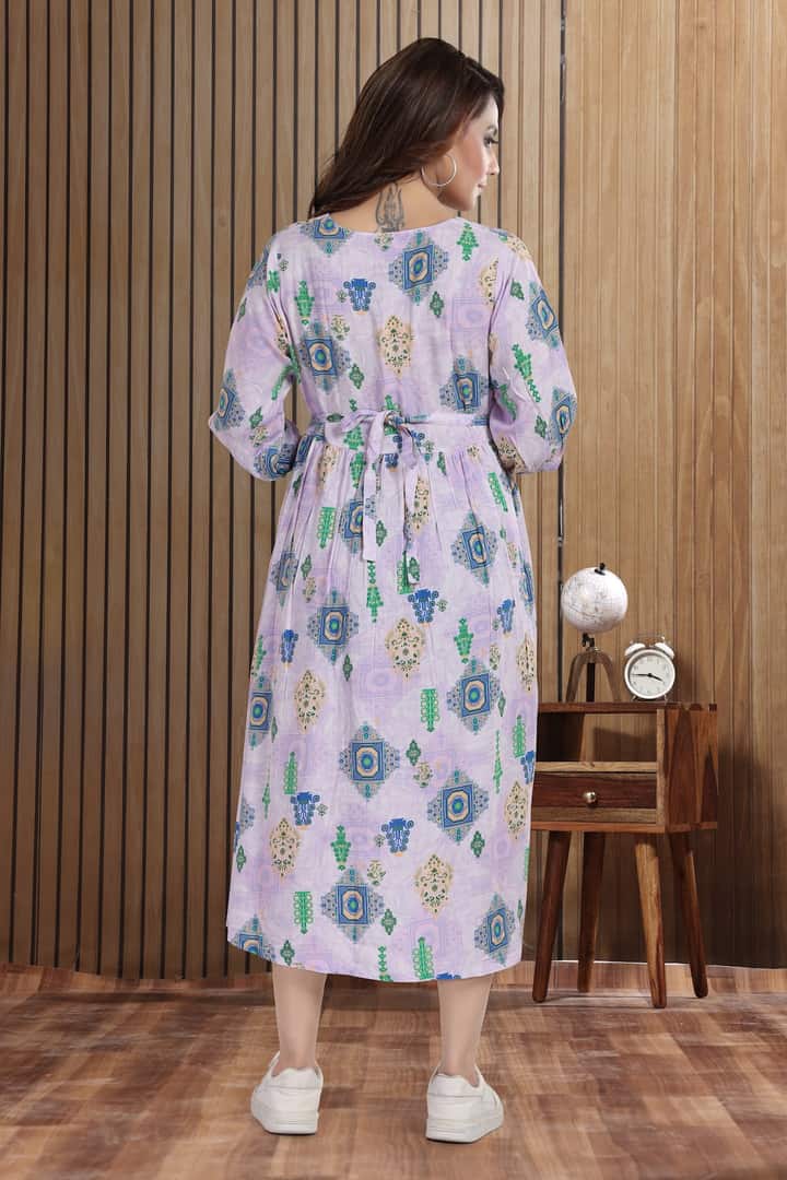 MomsBae Lilac Ikat Linen Maternity Feeding Dress, back view