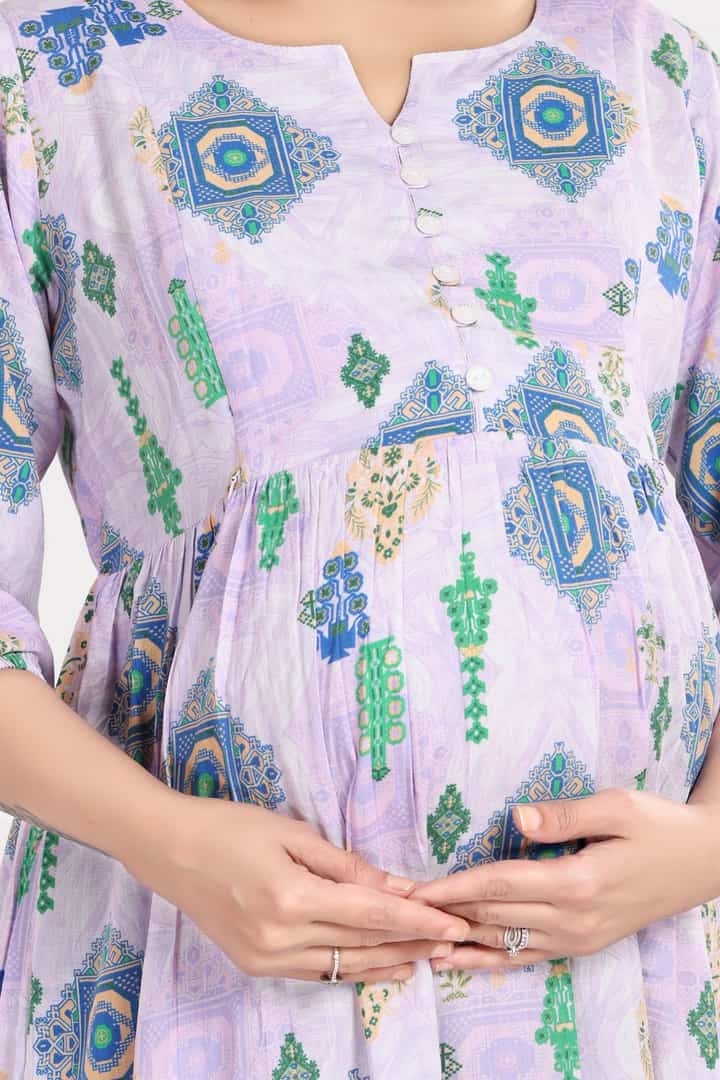 MomsBae Lilac Ikat Linen Maternity Feeding Dress, neckline and print detail