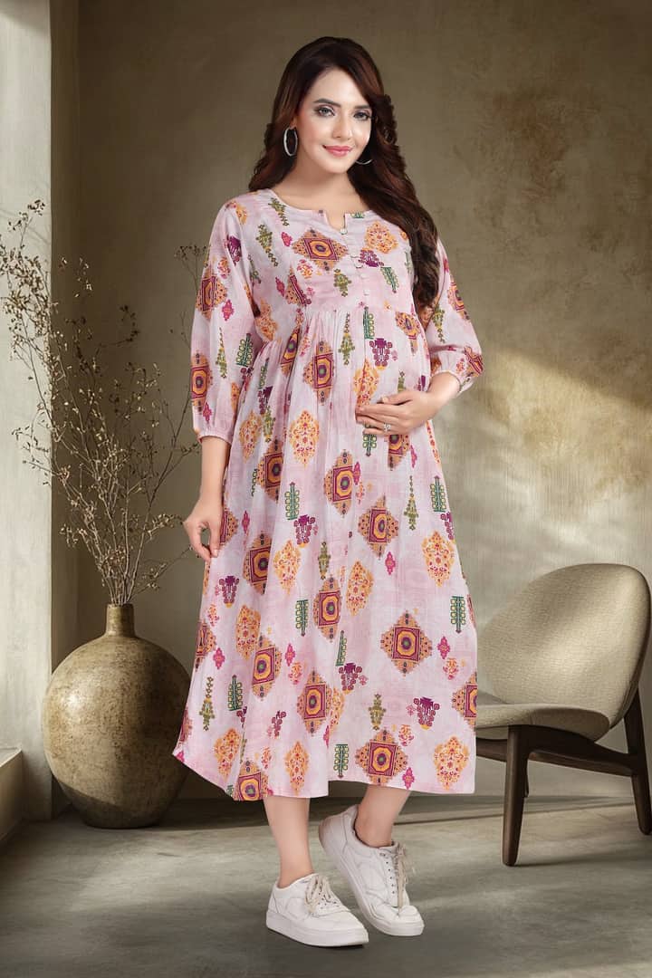 MomsBae Peach Motif Linen Maternity Feeding Dress, front view