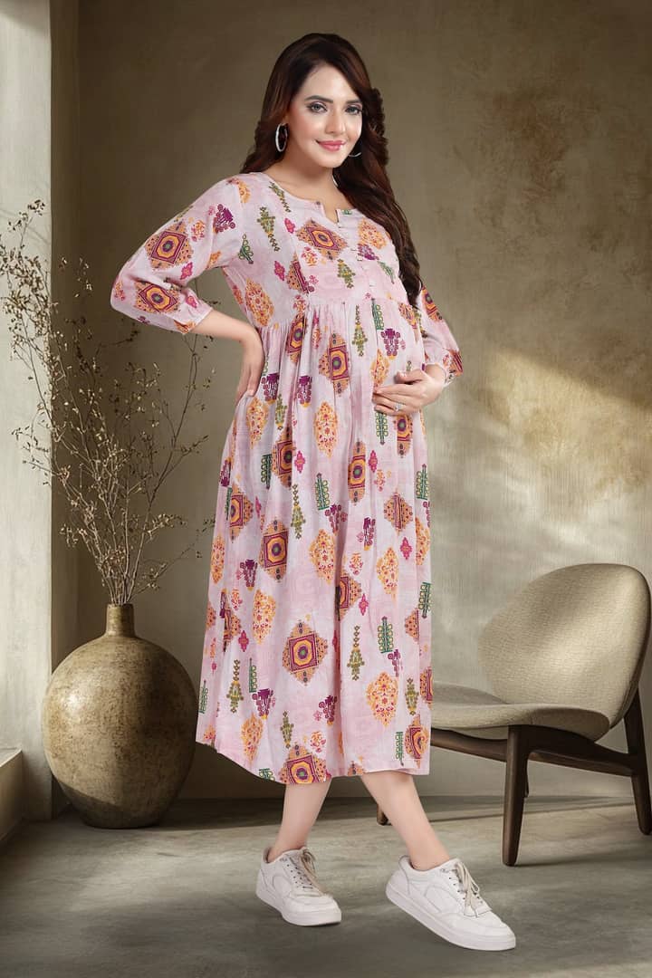 MomsBae Peach Motif Linen Maternity Feeding Dress, alternate front view
