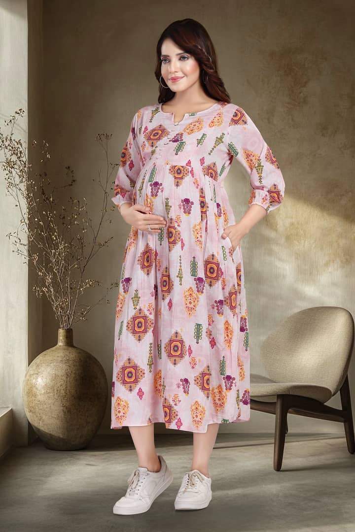 MomsBae Peach Motif Linen Maternity Feeding Dress, alternate front view