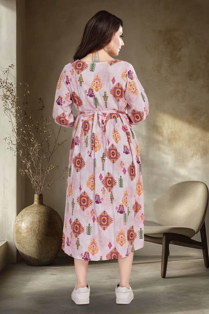 MomsBae Peach Motif Linen Maternity Feeding Dress, back view