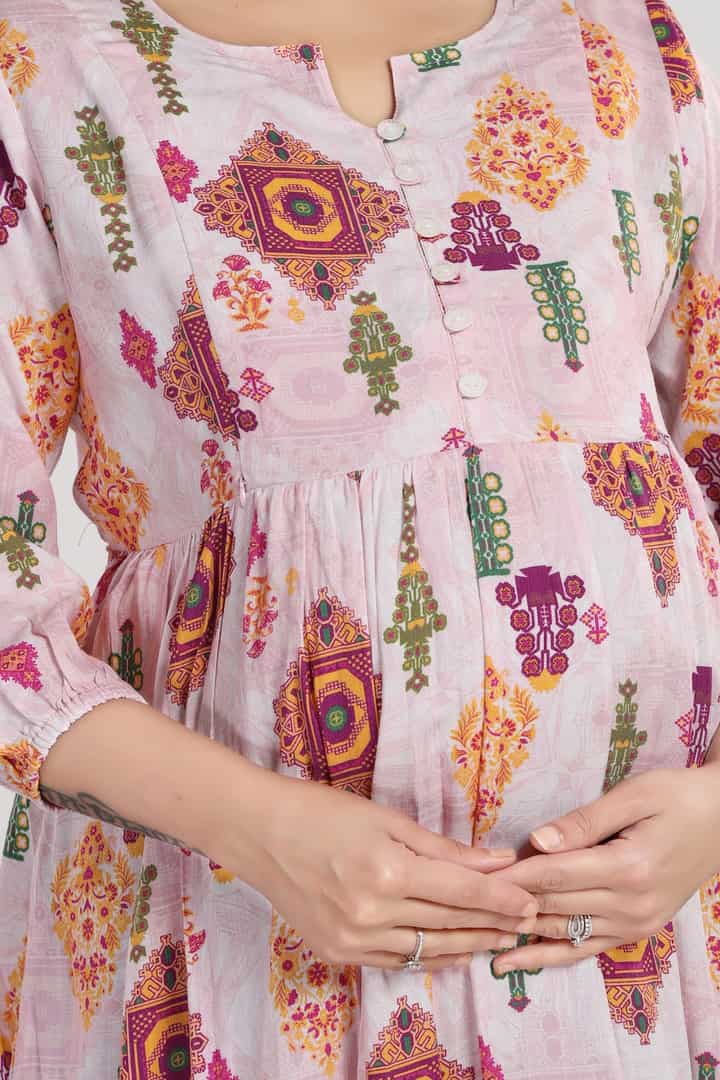 MomsBae Peach Motif Linen Maternity Feeding Dress, neckline and print detail