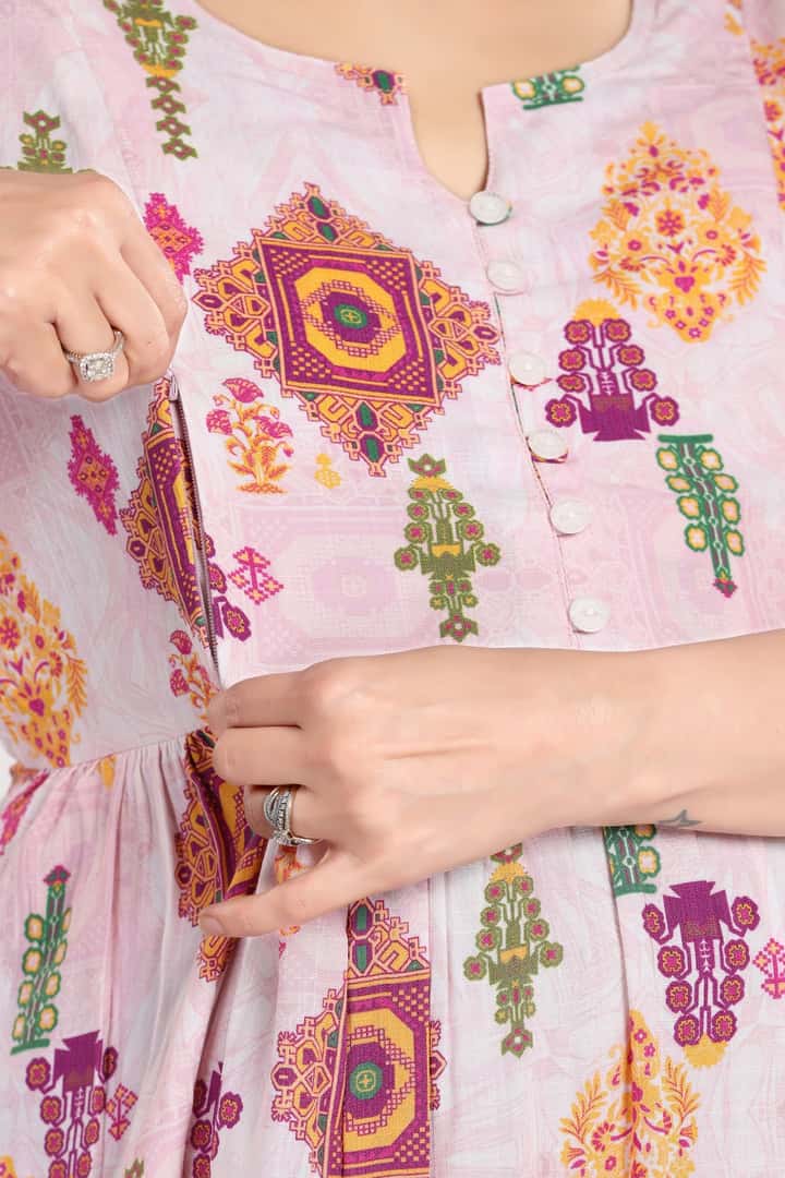 MomsBae Peach Motif Linen Maternity Feeding Dress, nursing opening detail