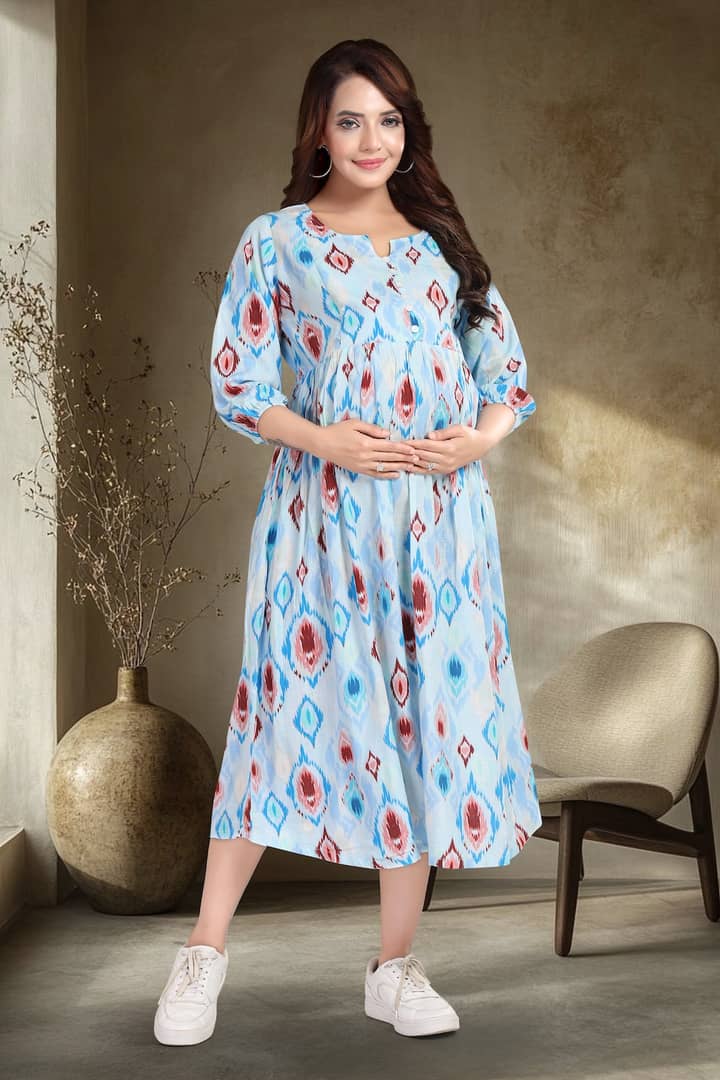 MomsBae Aqua Ikat Linen Maternity Feeding Dress, front view