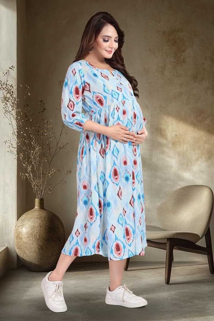 MomsBae Aqua Ikat Linen Maternity Feeding Dress, alternate front view