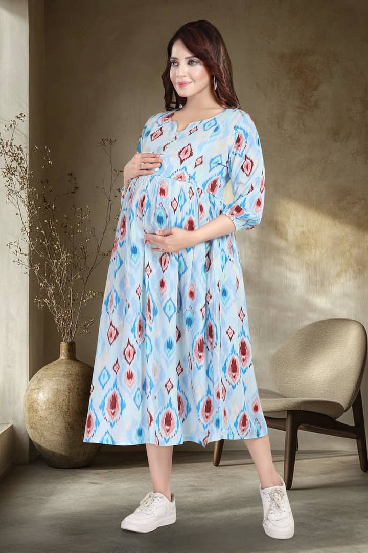 MomsBae Aqua Ikat Linen Maternity Feeding Dress, alternate front view