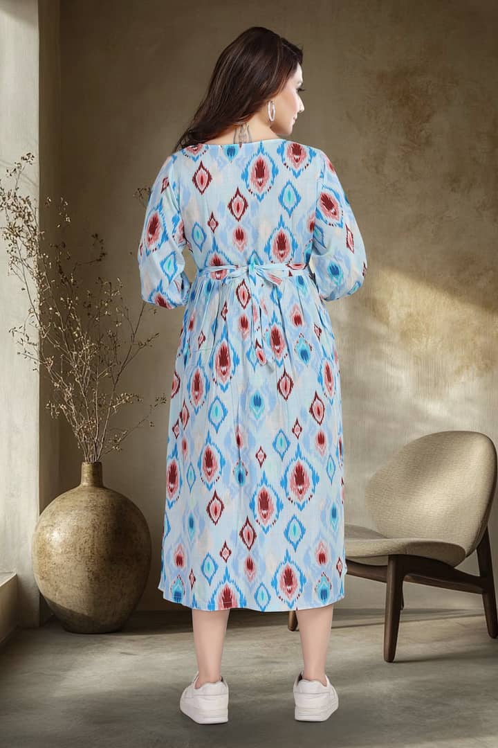 MomsBae Aqua Ikat Linen Maternity Feeding Dress, back view