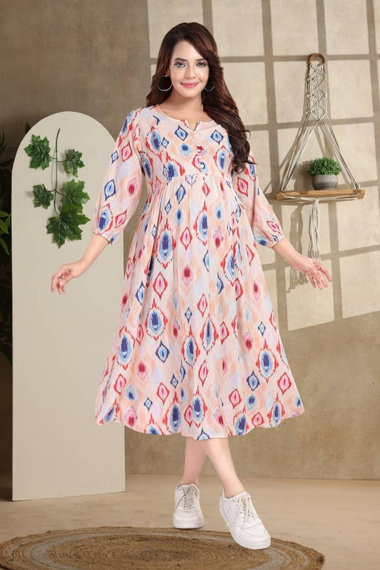 MomsBae Coral Ikat Linen Maternity Feeding Dress, front view