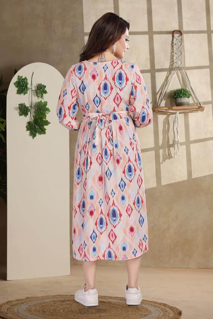 MomsBae Coral Ikat Linen Maternity Feeding Dress, back view