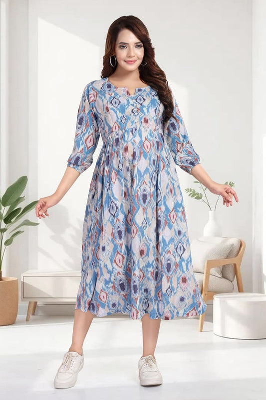 MomsBae Steel Blue Ikat Linen Feeding Dress, front view
