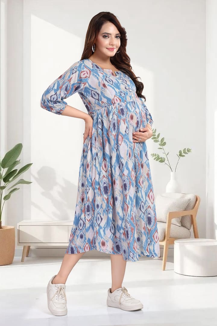 MomsBae Steel Blue Ikat Linen Feeding Dress, alternate front view