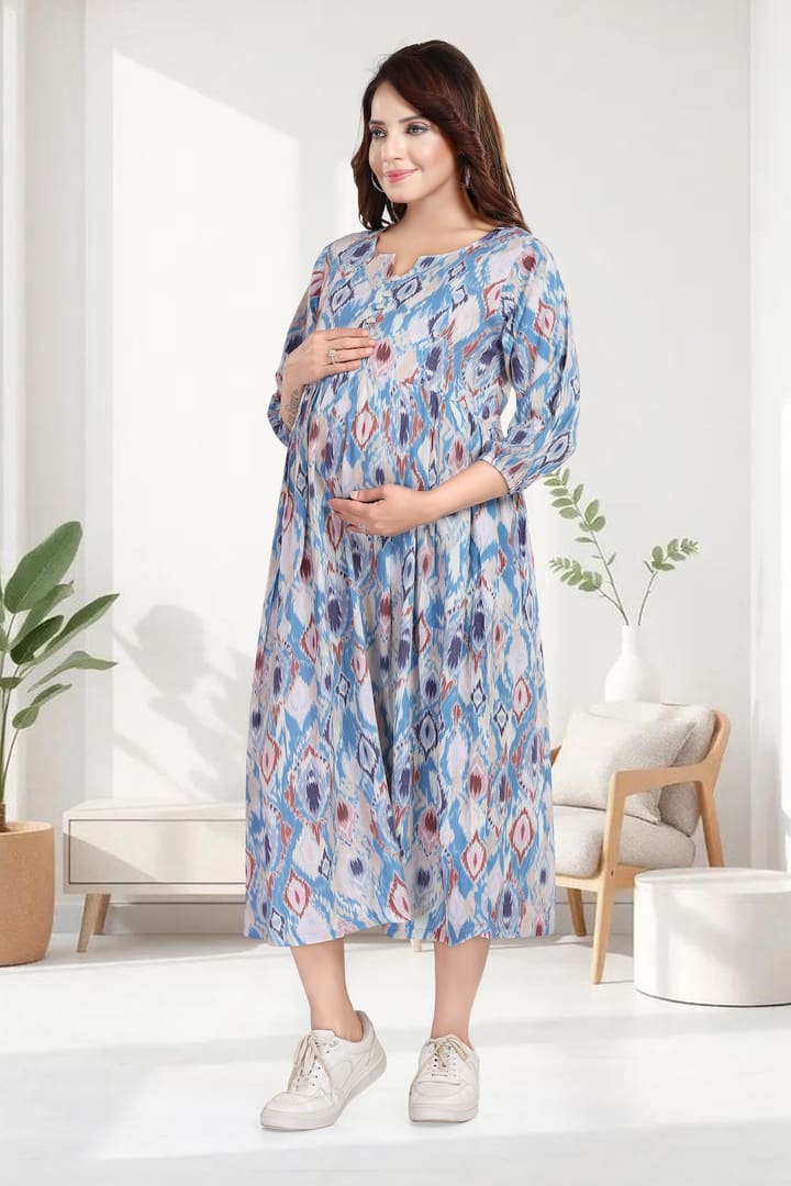 MomsBae Steel Blue Ikat Linen Feeding Dress, alternate front view
