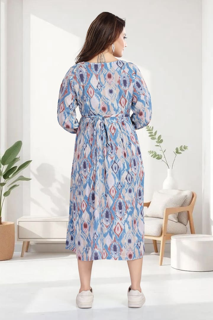 MomsBae Steel Blue Ikat Linen Feeding Dress, back view