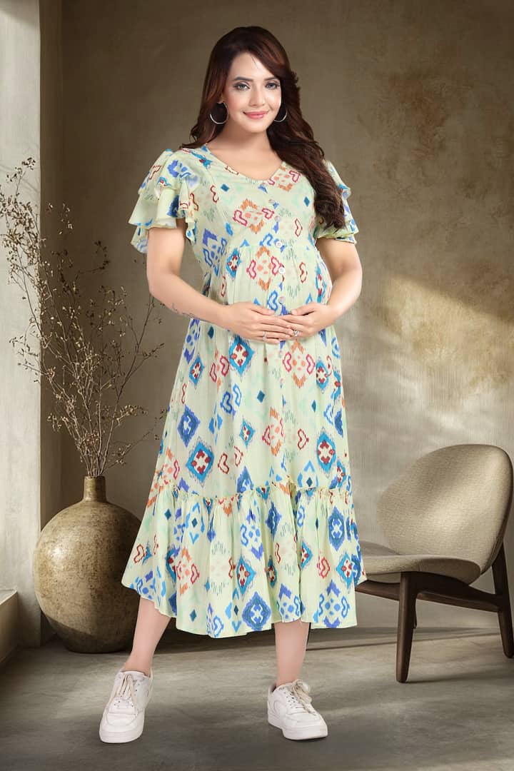 MomsBae Ivory Abstract Linen Ruffle Feeding Dress, front view