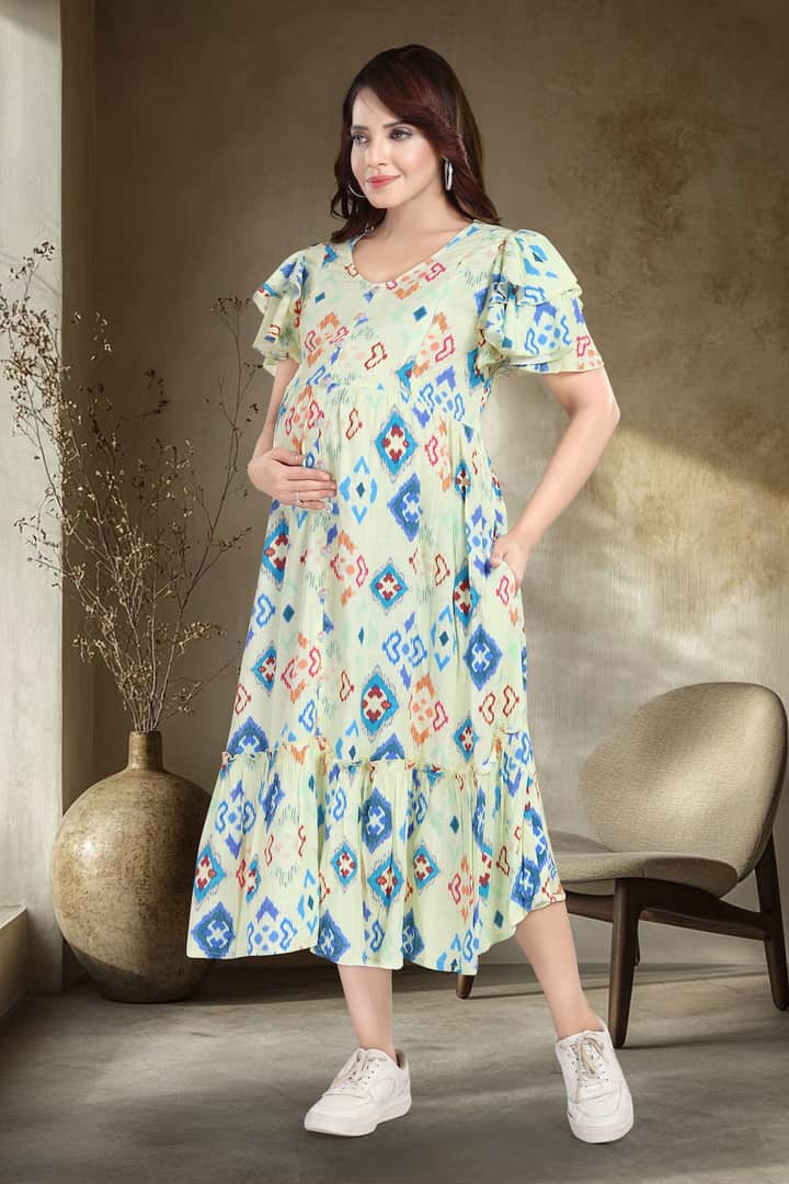 MomsBae Ivory Abstract Linen Ruffle Feeding Dress, alternate front view
