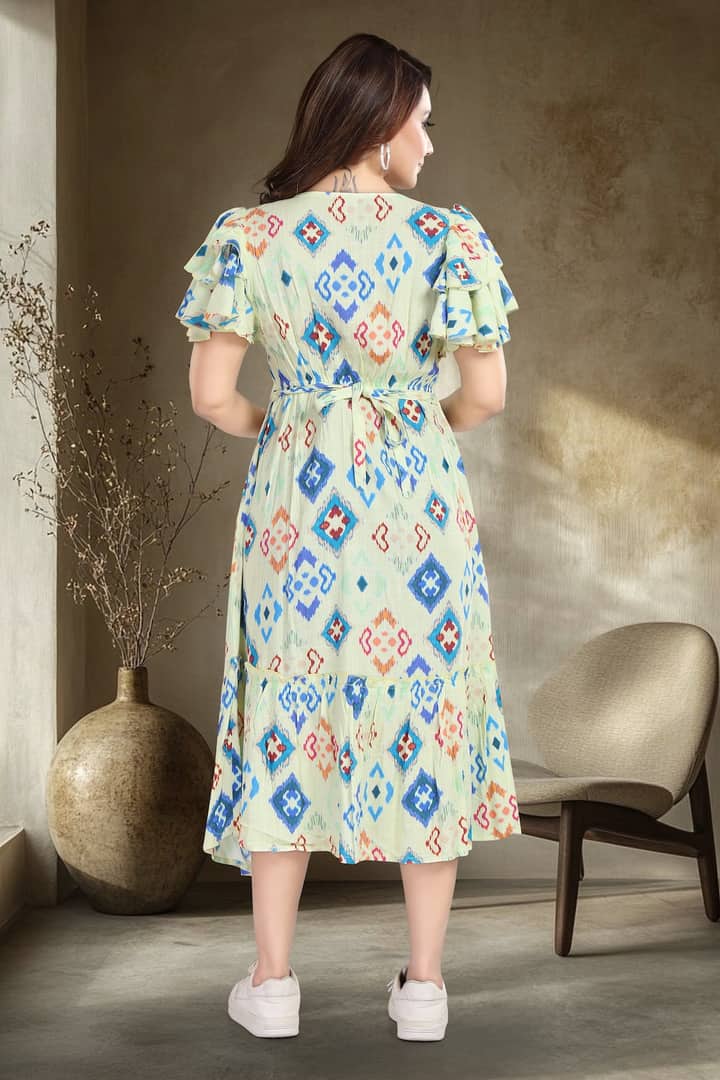 MomsBae Ivory Abstract Linen Ruffle Feeding Dress, back view
