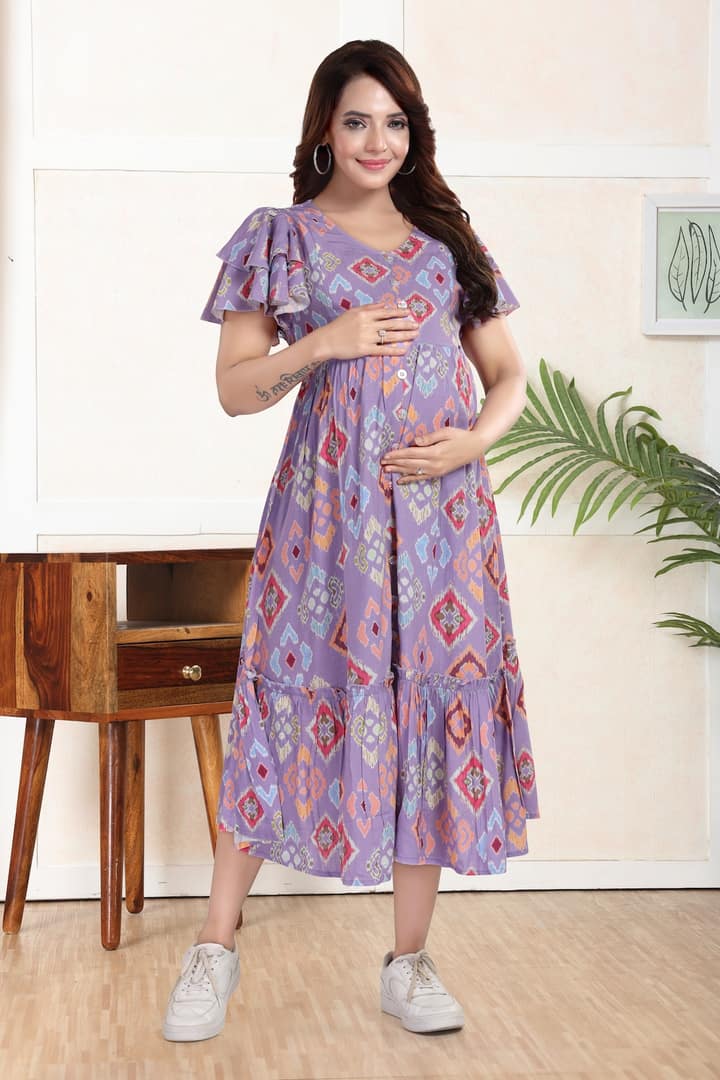 MomsBae Lavender Abstract Linen Ruffle Feeding Dress, front view