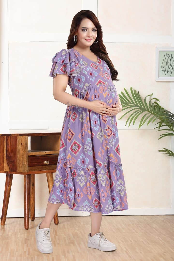MomsBae Lavender Abstract Linen Ruffle Feeding Dress, alternate front view
