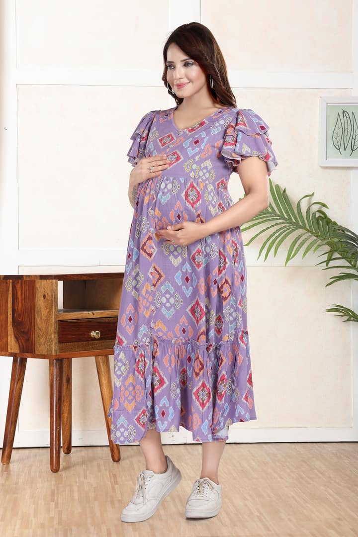 MomsBae Lavender Abstract Linen Ruffle Feeding Dress, alternate front view